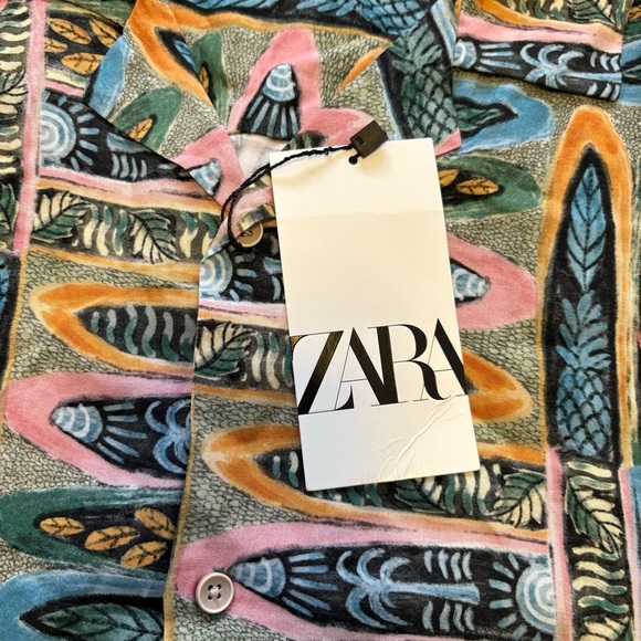 Zara Men’s L Green Casual Button Down Shirt with Retro Hawaiian Design - Picture 6 of 11